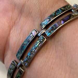 Abalone Inlay Sterling Silver Double-Row Bracelet - Iridescent Blue-Green